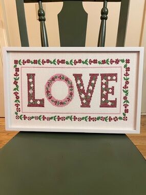 Framed Cottagecore Needlepoint Cross Stitch LOVE   18x11”
